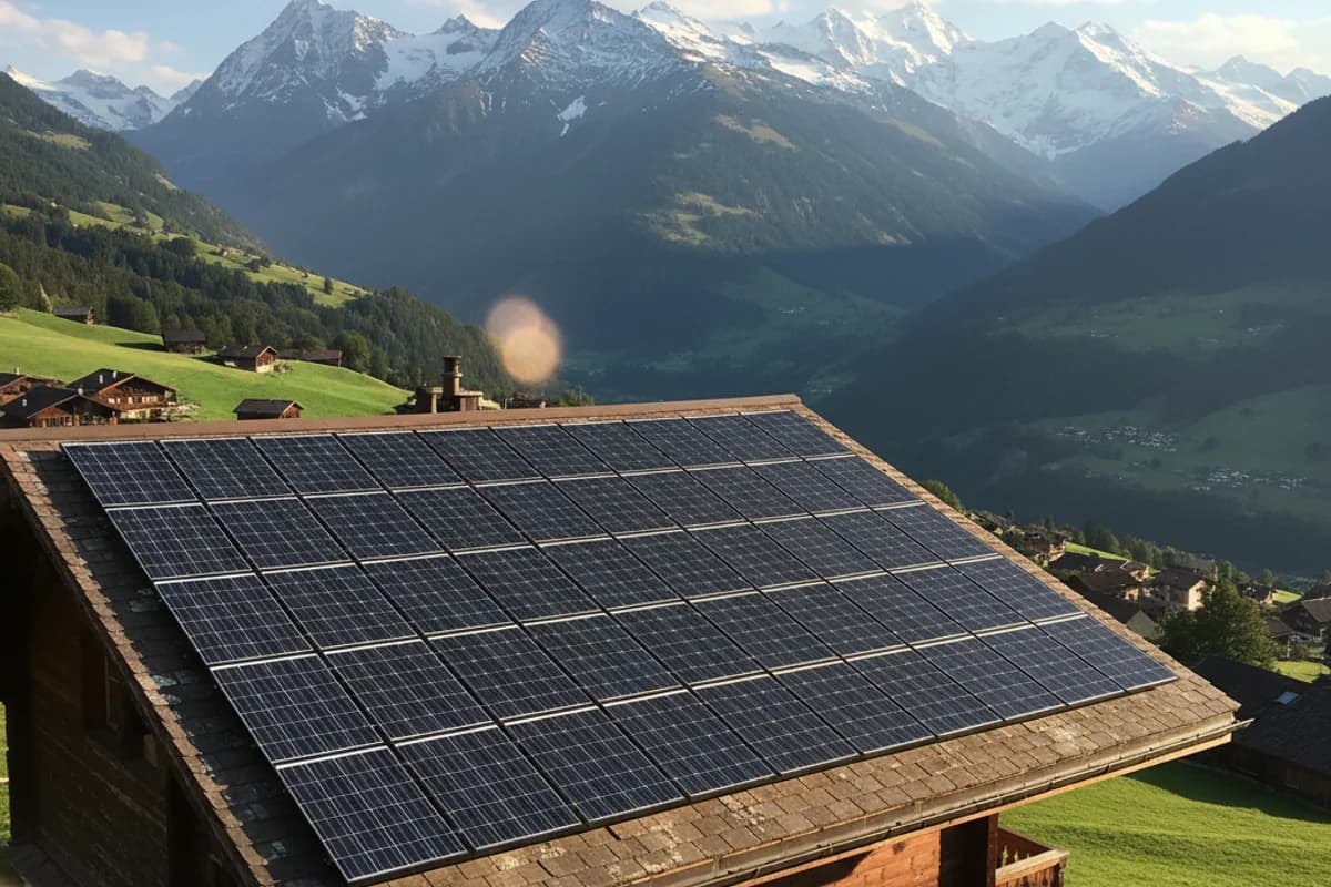 Solaranlage auf Schweizer Dach mit Alpenblick