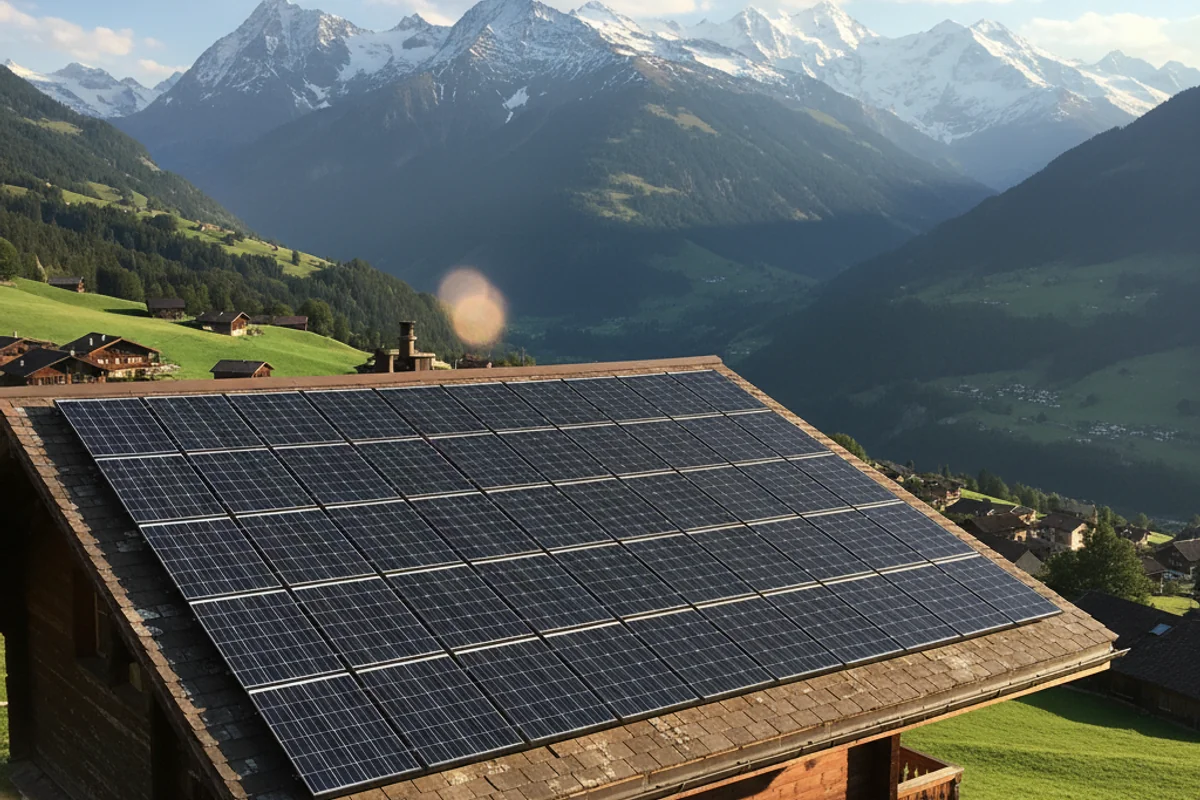 Solaranlage auf Schweizer Dach mit Alpenblick